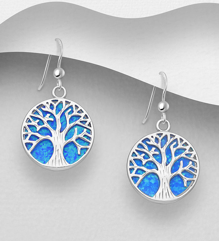 925 Sterling Silver Tree of Life Blue Lab-Created Opal Hook Earrings