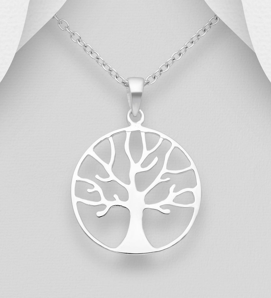 925 sterling silver round openwork Tree of Life pendant and chain on a light grey display bust