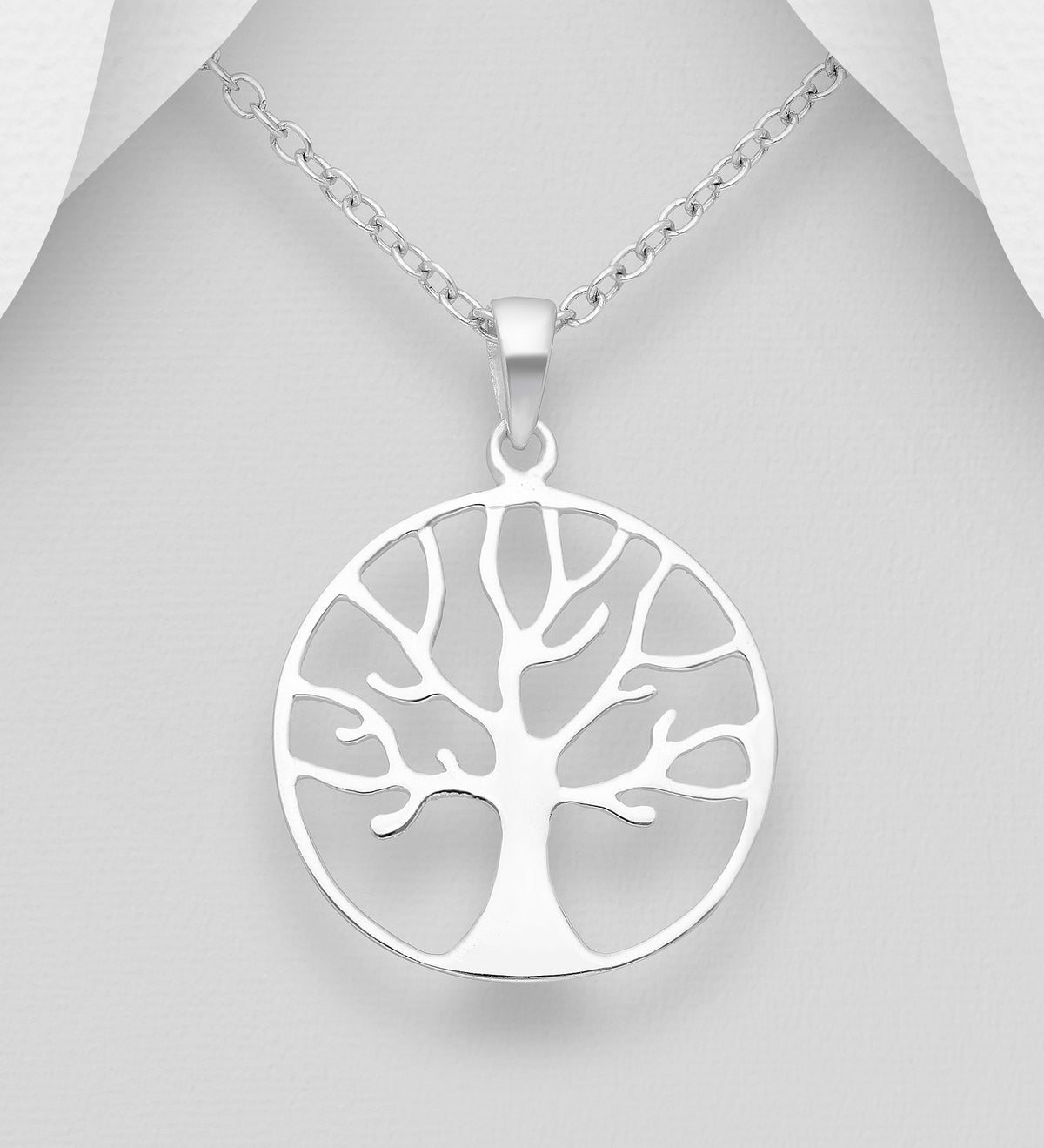 925 sterling silver round openwork Tree of Life pendant and chain on a light grey display bust