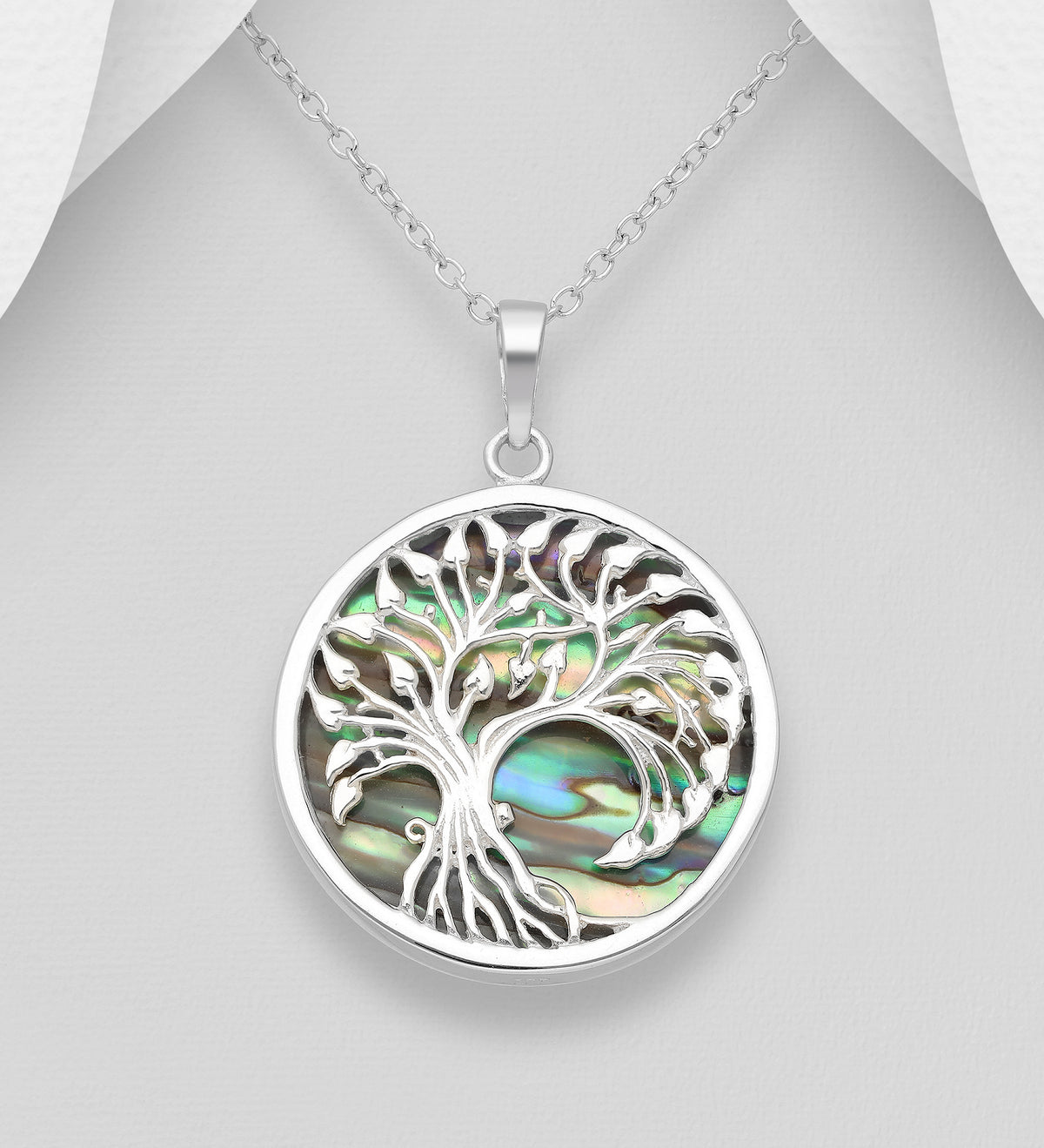 Handcrafted 925 Sterling Silver Abalone Tree of Life Statement Pendant & Chain