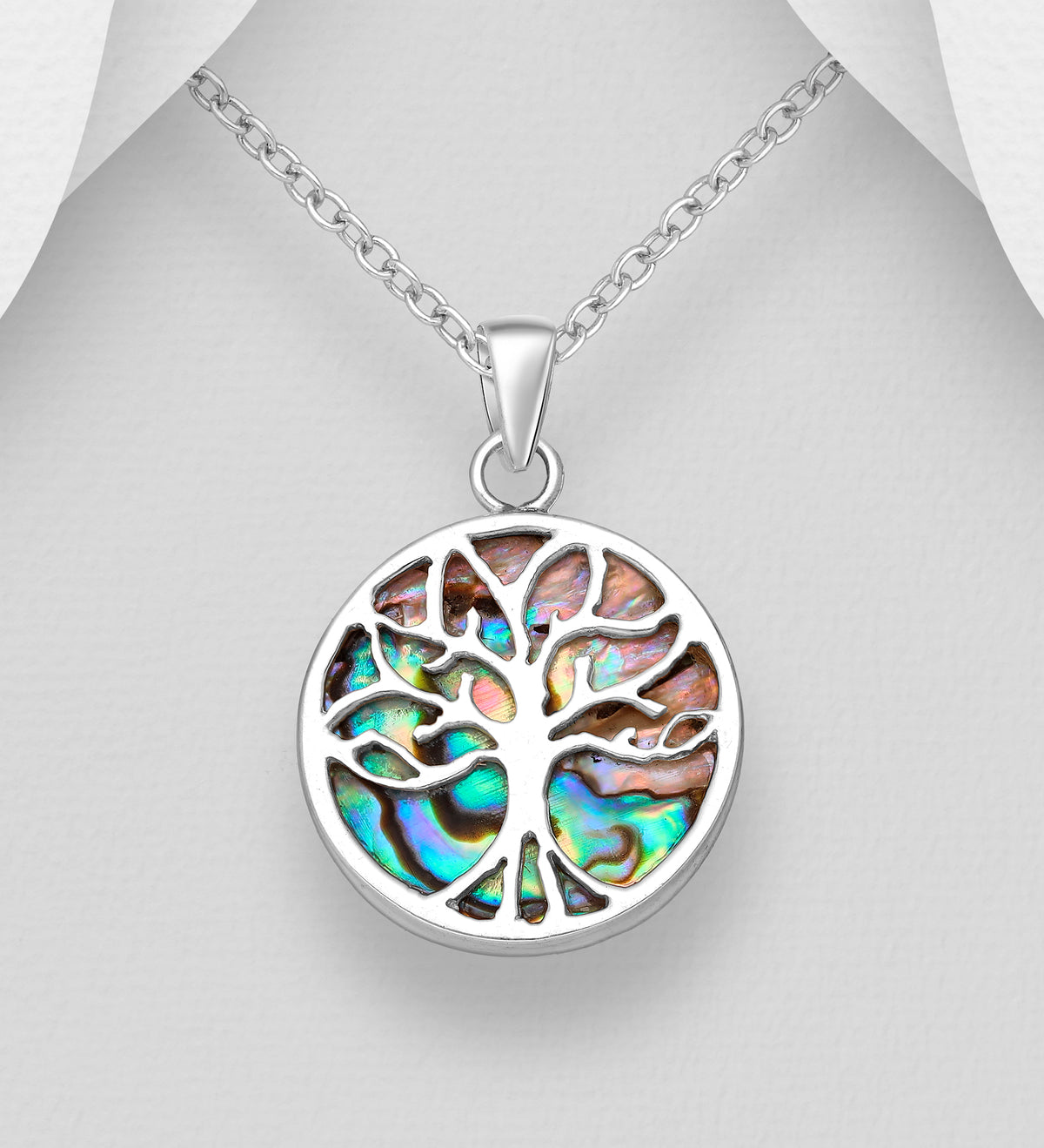 925 Sterling Silver Abalone Tree of Life Pendant & Chain – 18 mm