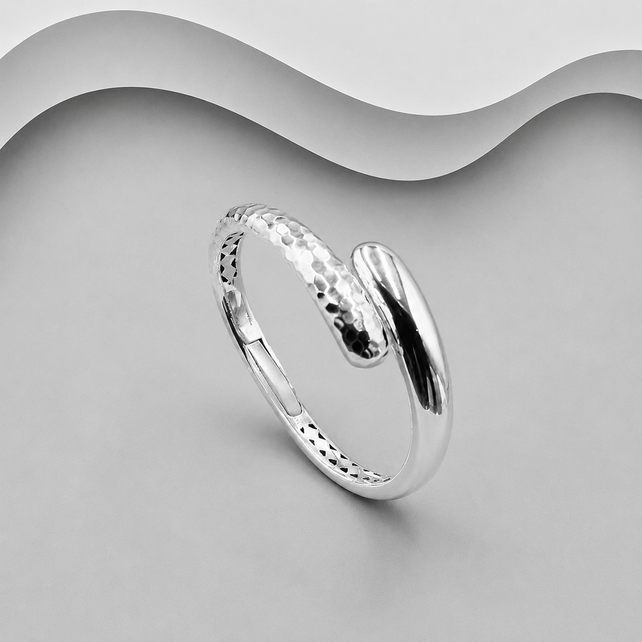 Hand Crafted 925 Sterling Silver Polished/ Hammered Bangle, Inspired by Top Designers