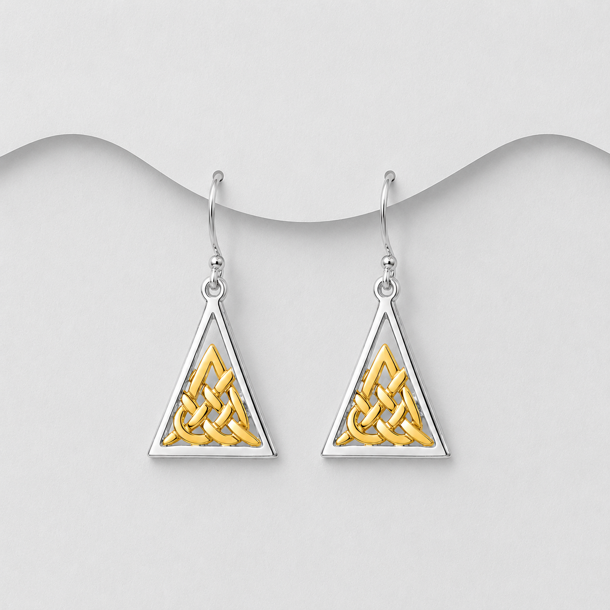 925 Sterling Silver Two Tone Triangle Shaped Drop Earrings. With 18ct Yellow Gold