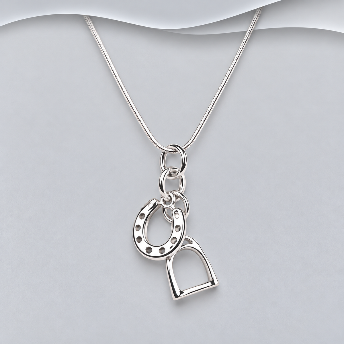 Solid 925 Sterling Silver Horseshoe & Stirrup Pendant with Chain