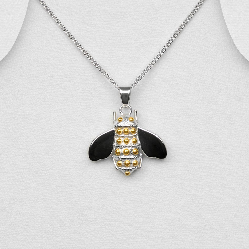 Exclusive Hand Crafted 925 Sterling Silver Bee Pendant & Chain Embellished with 18ct Gold
