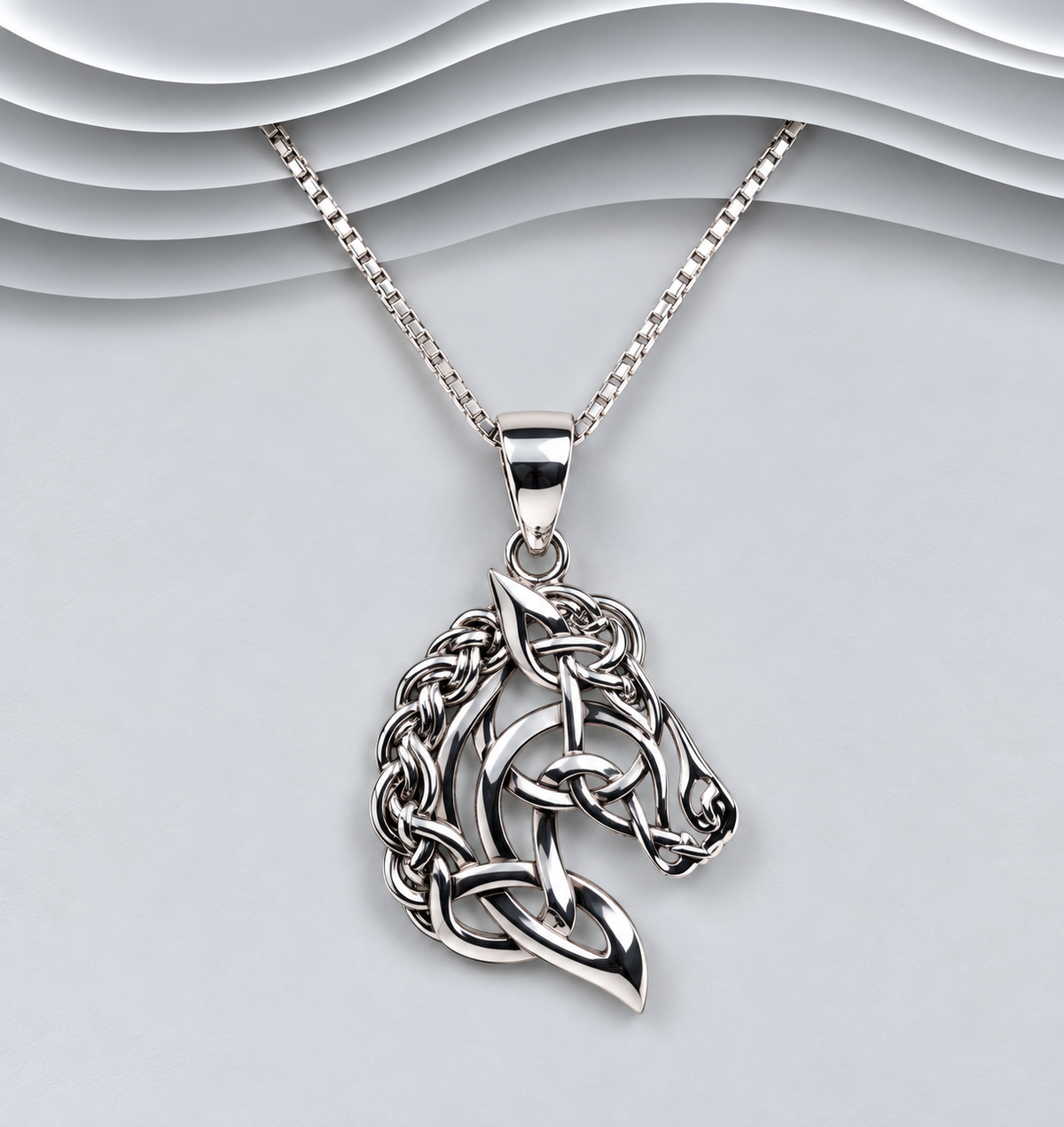 Solid 925 sterling silver Celtic horse head pendant necklace on box chain
