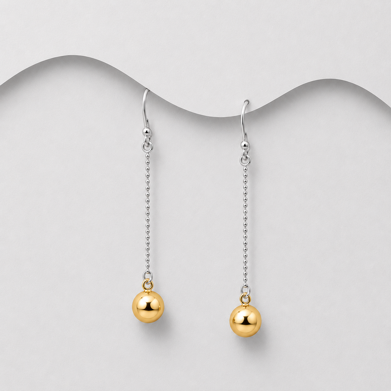 925 Sterling Silver & 18ct Yellow Gold Two Tone Snake Chain & Ball Drop Earrings