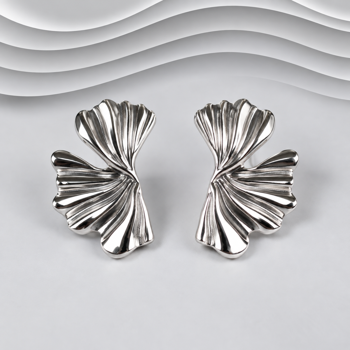 Solid 925 Sterling Silver Hand-Crafted Fan-Shaped Stud Earrings