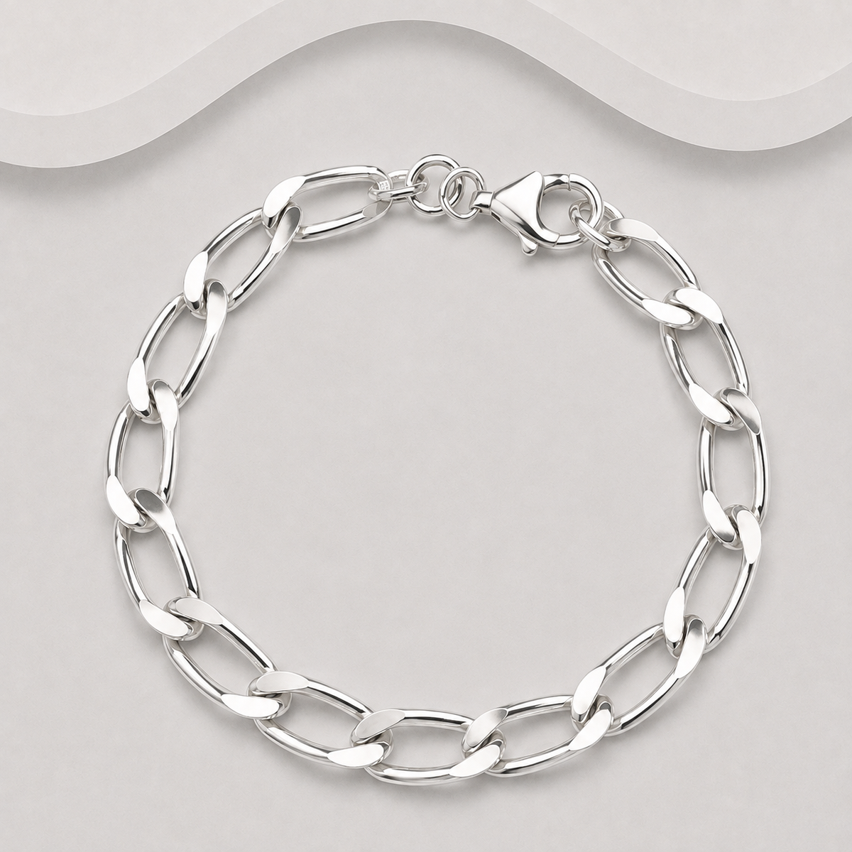 925 Sterling Silver Oblong Flat Chamfered Links Bracelet