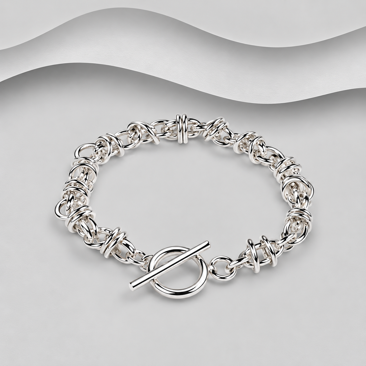 Solid 925 Sterling Silver Interlinked Bracelet with T-Bar Clasp