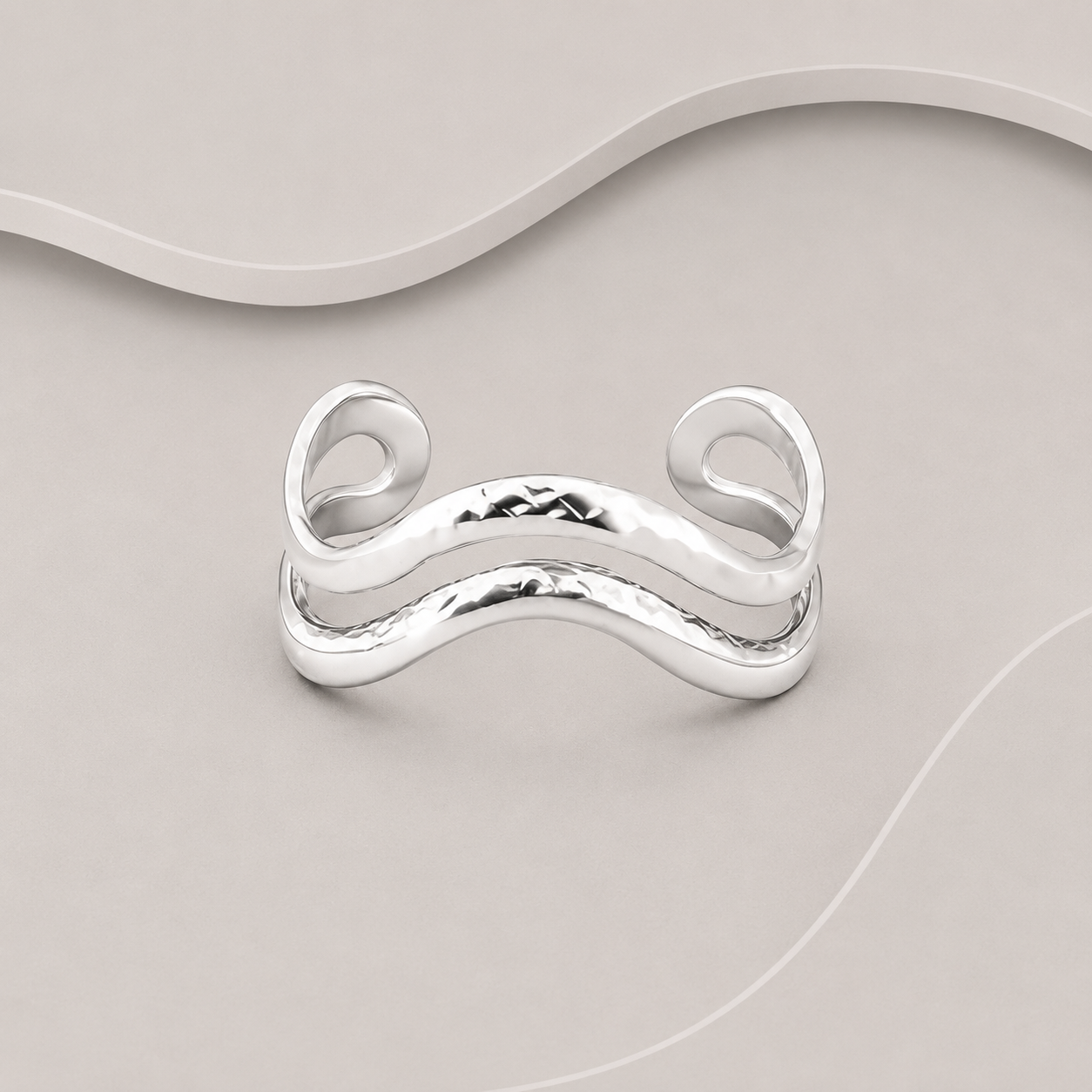 Solid 925 Sterling Silver Wavey Cuff Bangle. One strand Polished & one Hammered