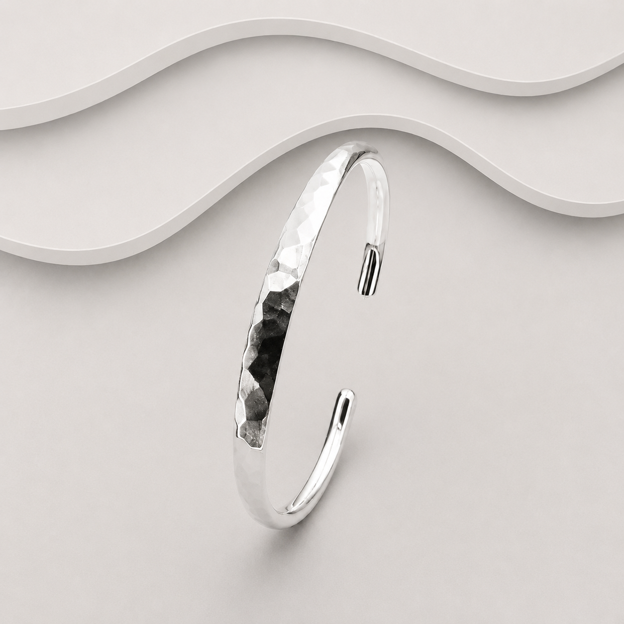 Solid 925 Sterling Silver Hammered Cuff Bangle – 60mm