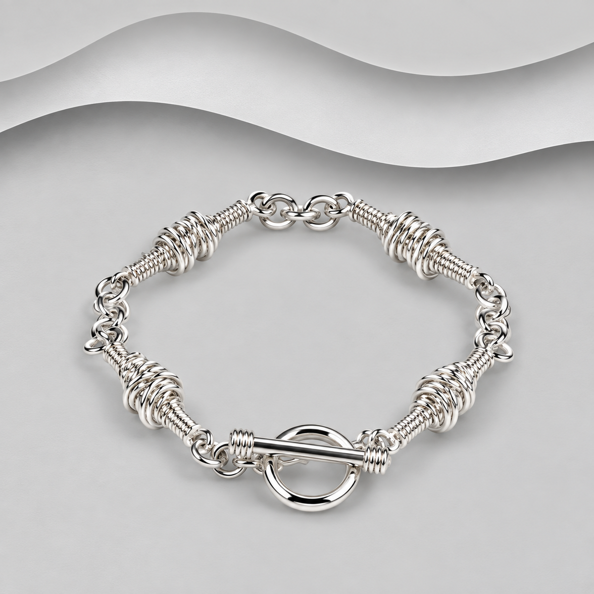 Handmade 925 Sterling Silver Spiral Link Bracelet with T-Bar Clasp