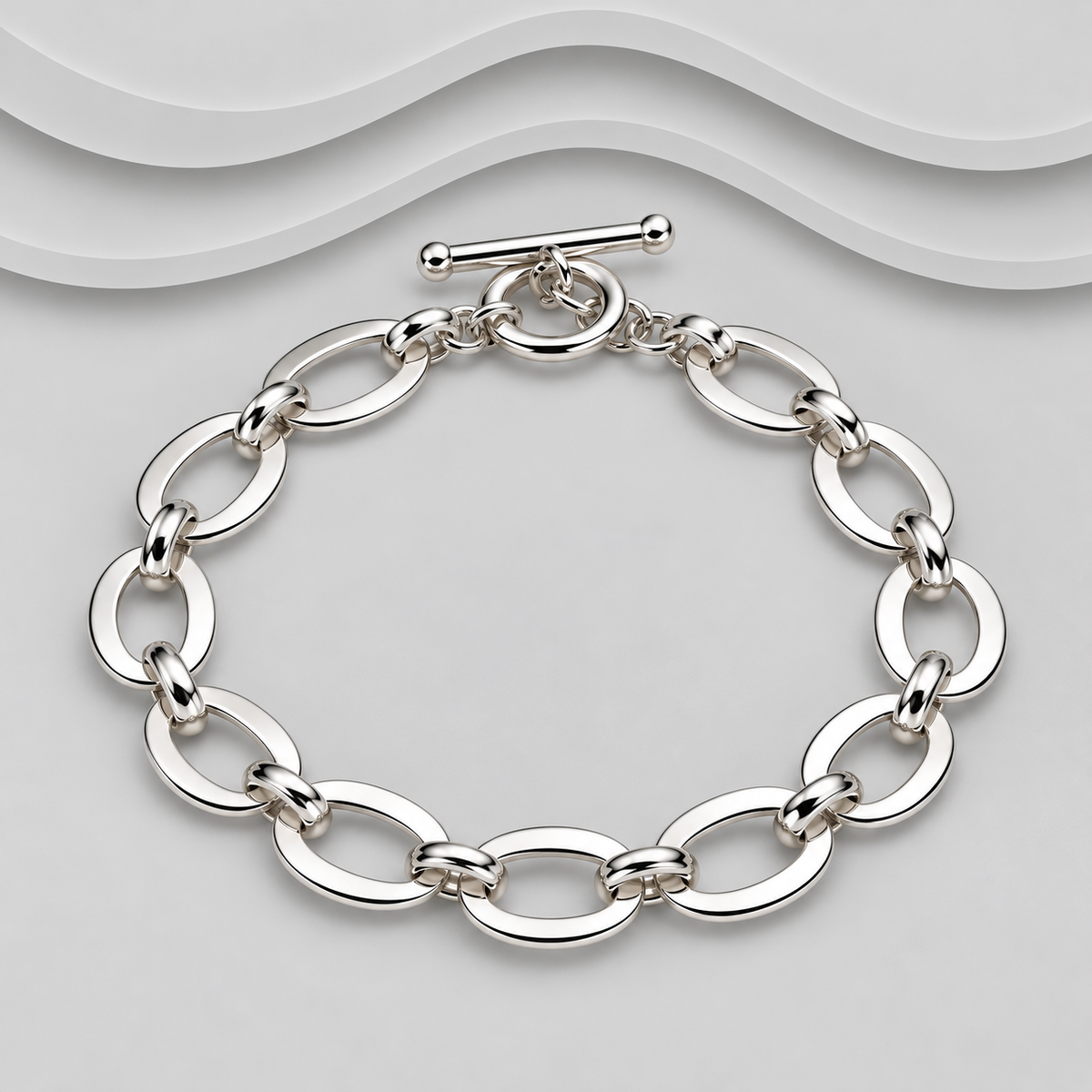 Solid Oval Links 925 Sterling Silver Bracelet with T-Bar Clasp