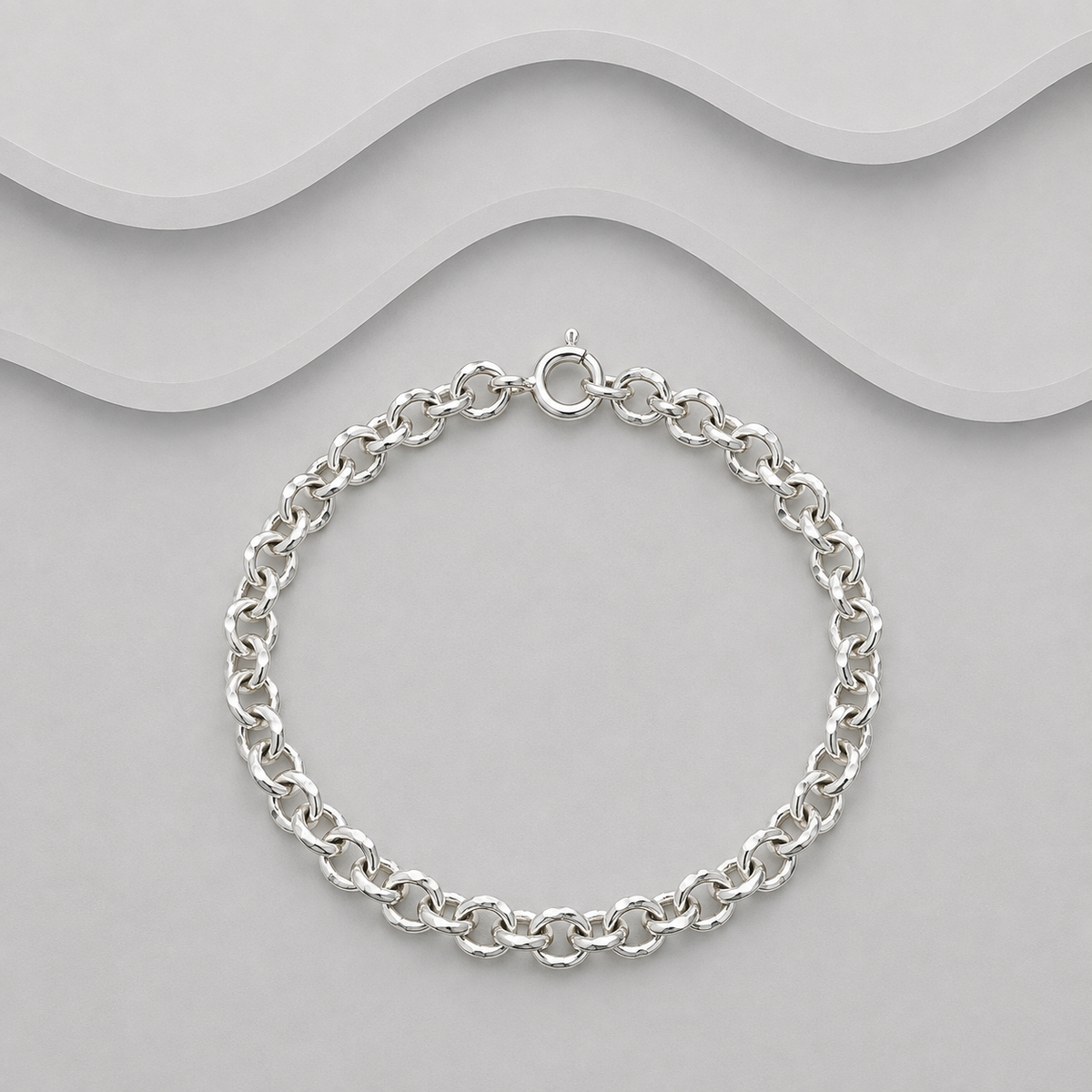 925 Sterling Silver Oval Light Hammered Link Belcher Chain Bracelet