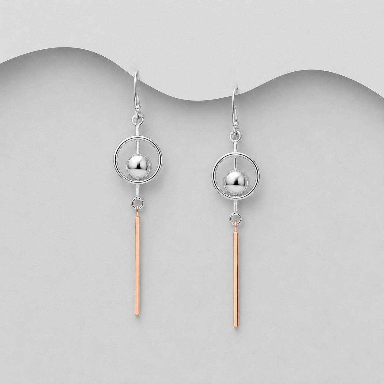 925 Sterling Silver two Tone Ball & Circle Drop Earrings, With 18K Red Gold
