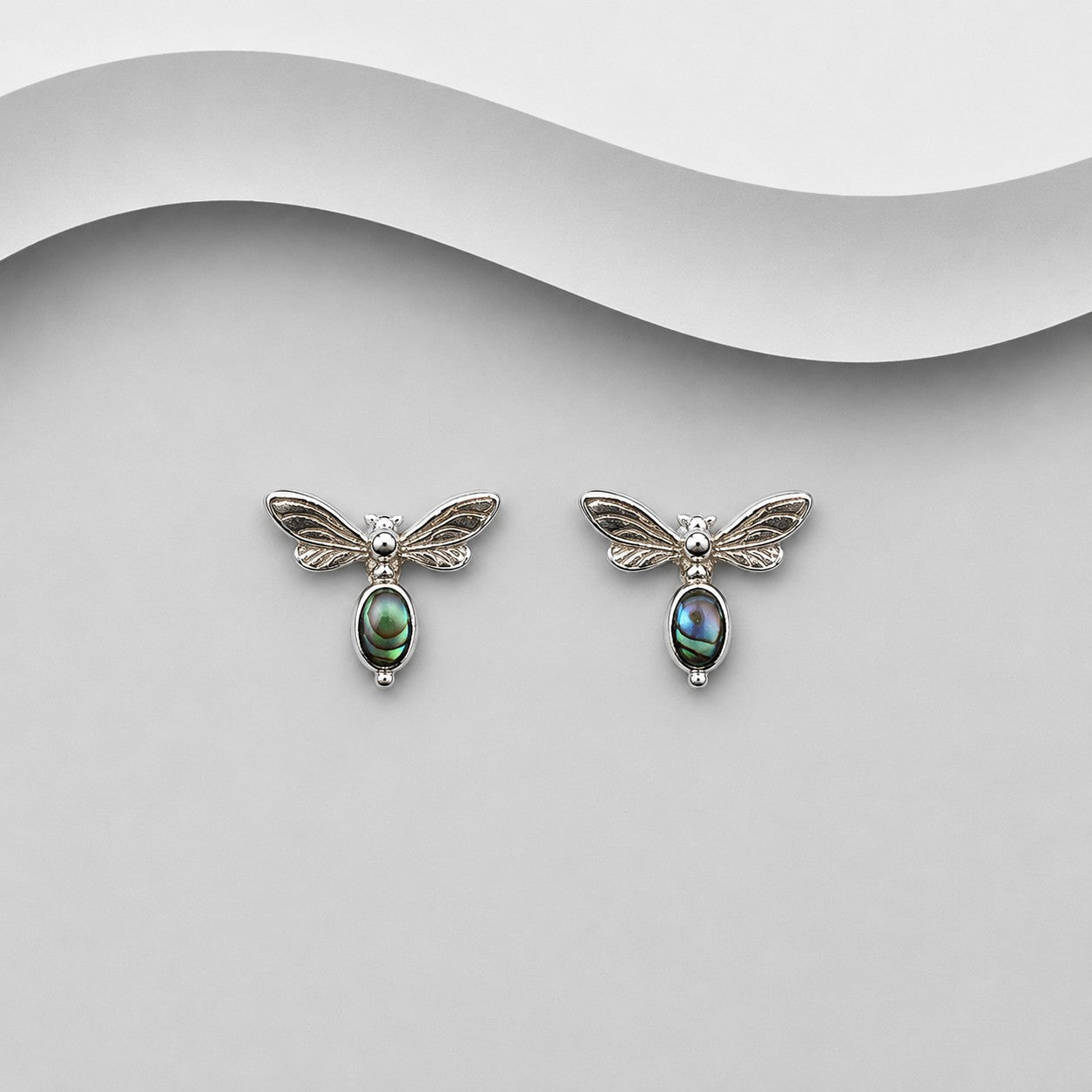 925 Sterling Silver Dragonfly Stud Earrings Decorated with Abalone