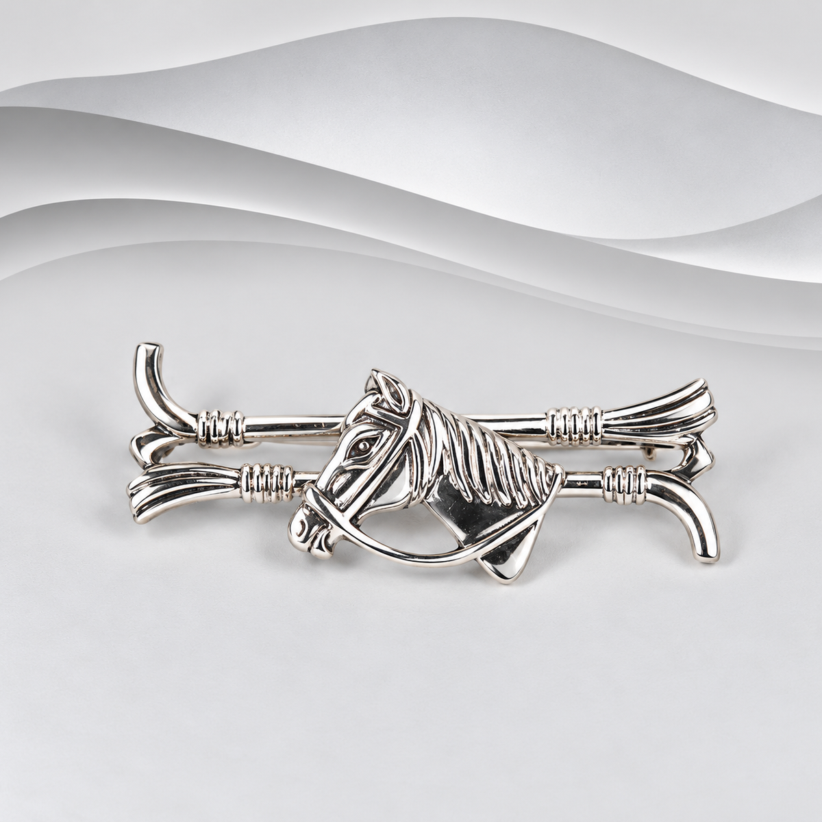 925 Sterling Silver Horse Head & Riding Crop Brooch/Stock Pin