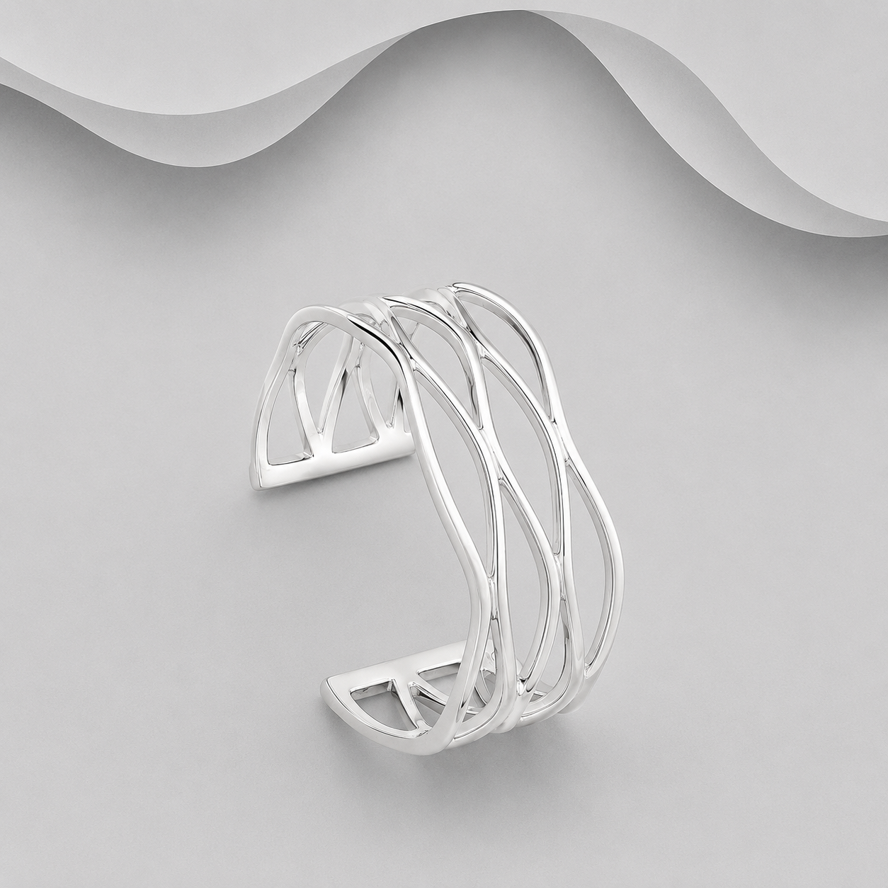 925 Solid Sterling Silver Open Lattice Cuff Bangle — Exclusive Handcrafted Design