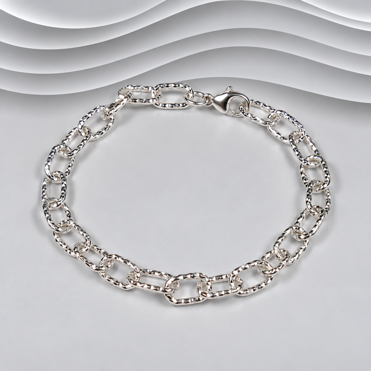 Sparkling 925 Sterling Silver Oblong Links Bracelet with Textured Finish - 7"
