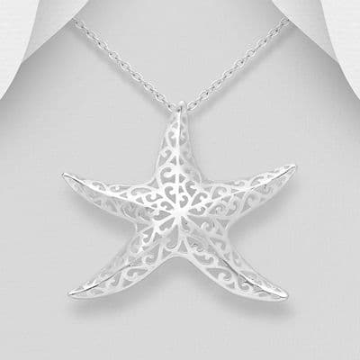 Elegant Large OpenWork Starfish Pendant Necklace in Solid 925 Sterling Silver