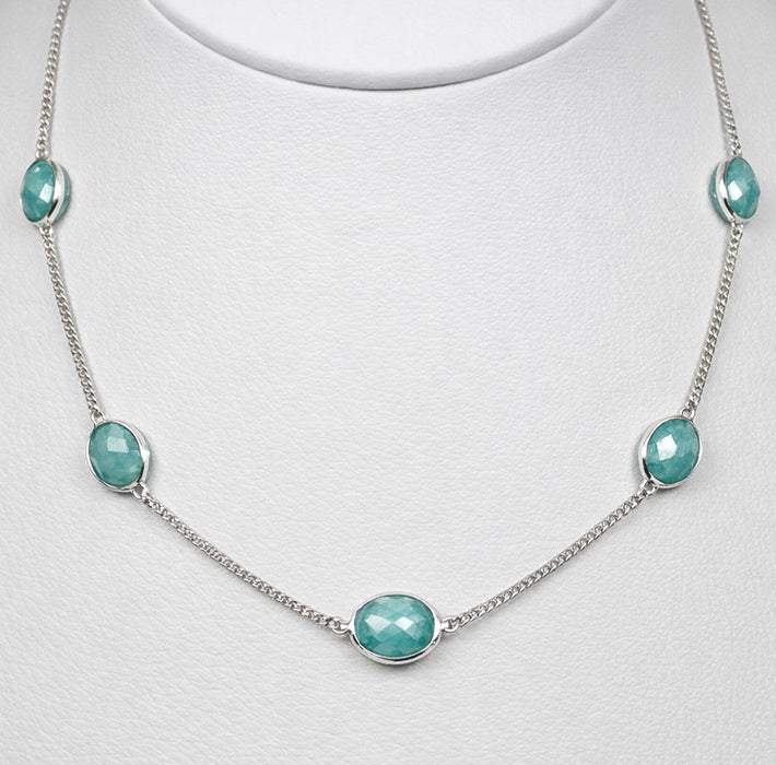 925 Sterling Silver Necklace decorated with Aqua Chalcedony Gem Stones - 15- 18"