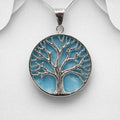 Exclusive 925 Silver Round Tree of Life Pendant & Chain Set  with Light Blue Turquoise Stone Stone -