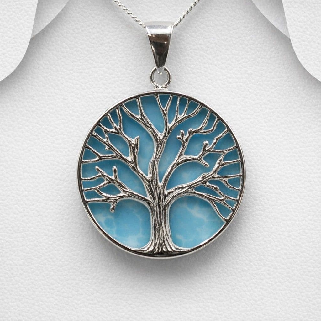 Exclusive 925 Silver Round Tree of Life Pendant & Chain Set  with Light Blue Turquoise Stone Stone -