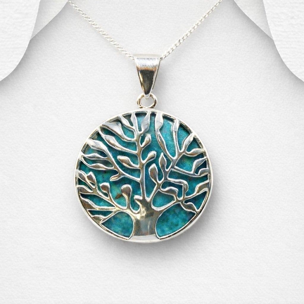 Exclusive 925 Sterling  Silver Round Tree of Life Pendant & Chain with Turquoise Stone -  Reversible