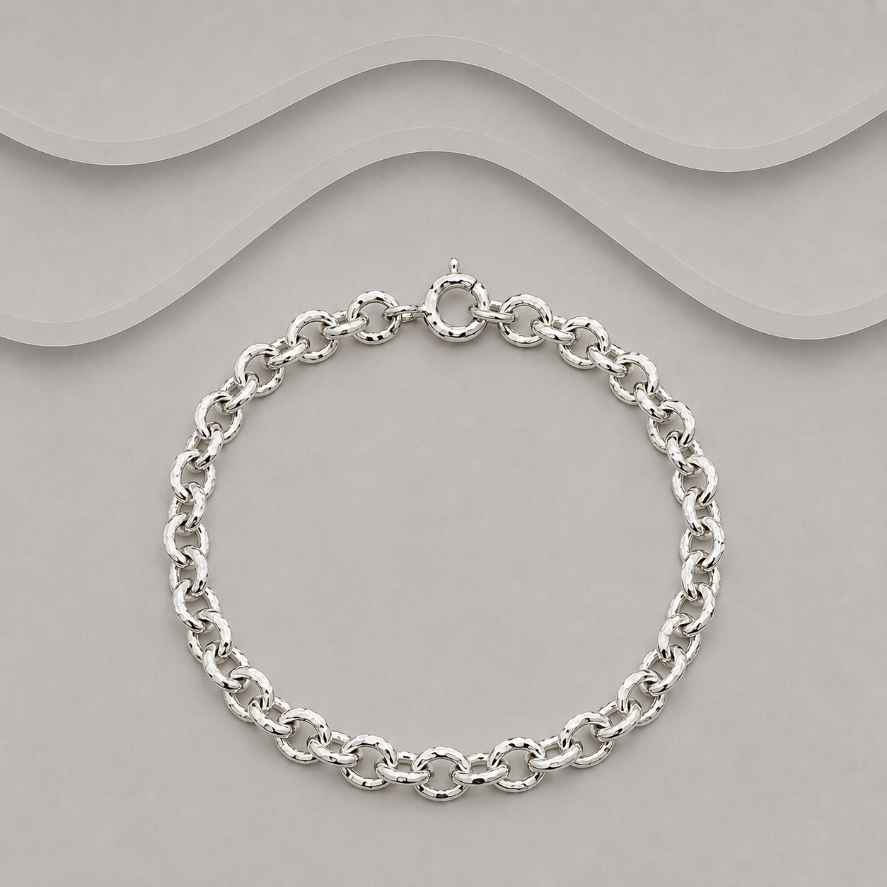 925 Sterling Silver Oval Lightly Hammered Belcher Chain Bracelet