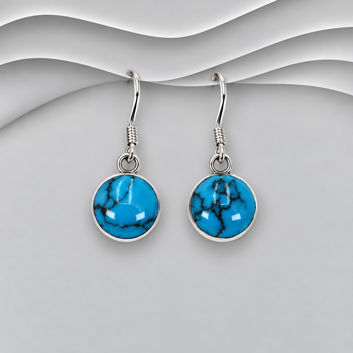 925 Sterling Silver Hook Earrings  Round Light Blue Resin Design