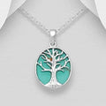 Hand Crafted 925 Sterling Silver Oval Tree of Life Pendant& Chain, Set With Turquoise Resin