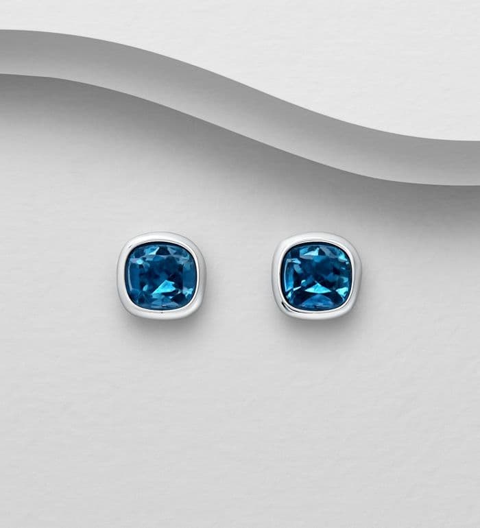 Hand Crafted Blue Topaz Stud Earrings in 925 Sterling Silver with Push-Back Closure - Exclusive