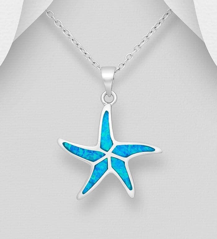 Hand made 925 Sterling Silver Starfish Pendant & Chain Adorned With Lab-Created Opal.