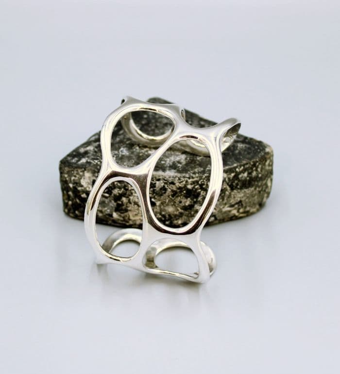 )Handcrafted 925 Solid Sterling Silver Artisan-Made Polished Cuff Bangle - Limited Edition