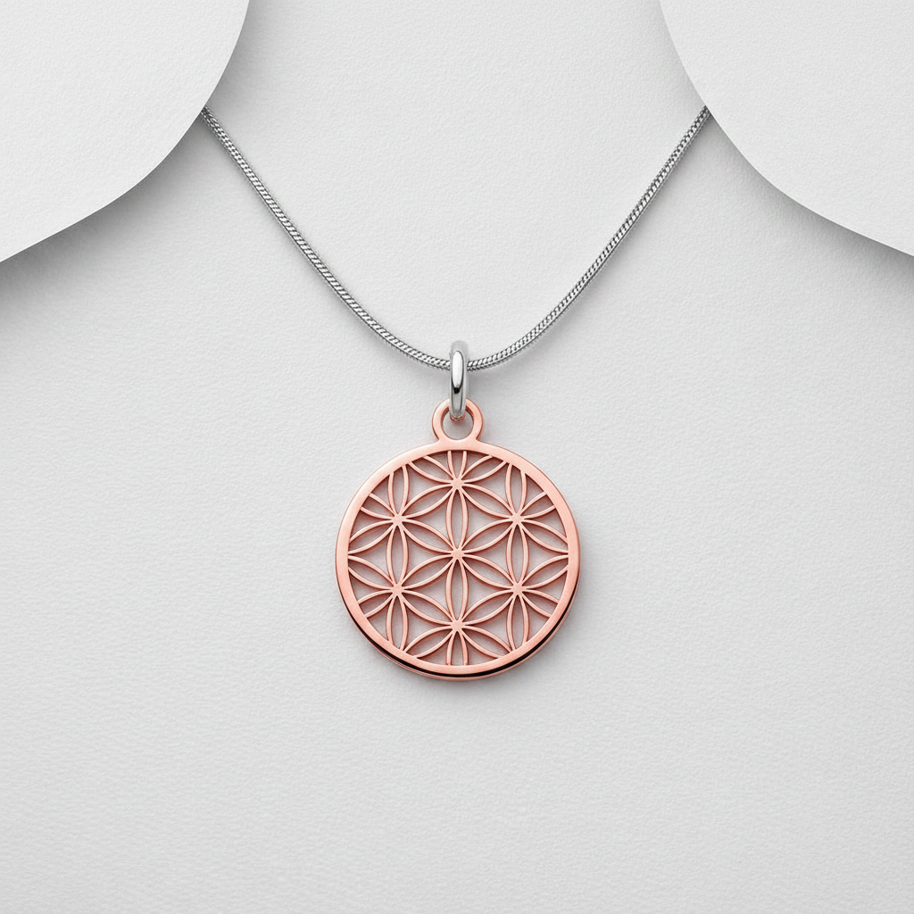 925 Sterling Silver Two Tone Pink Gold Flower of Life Pendant & Chain
