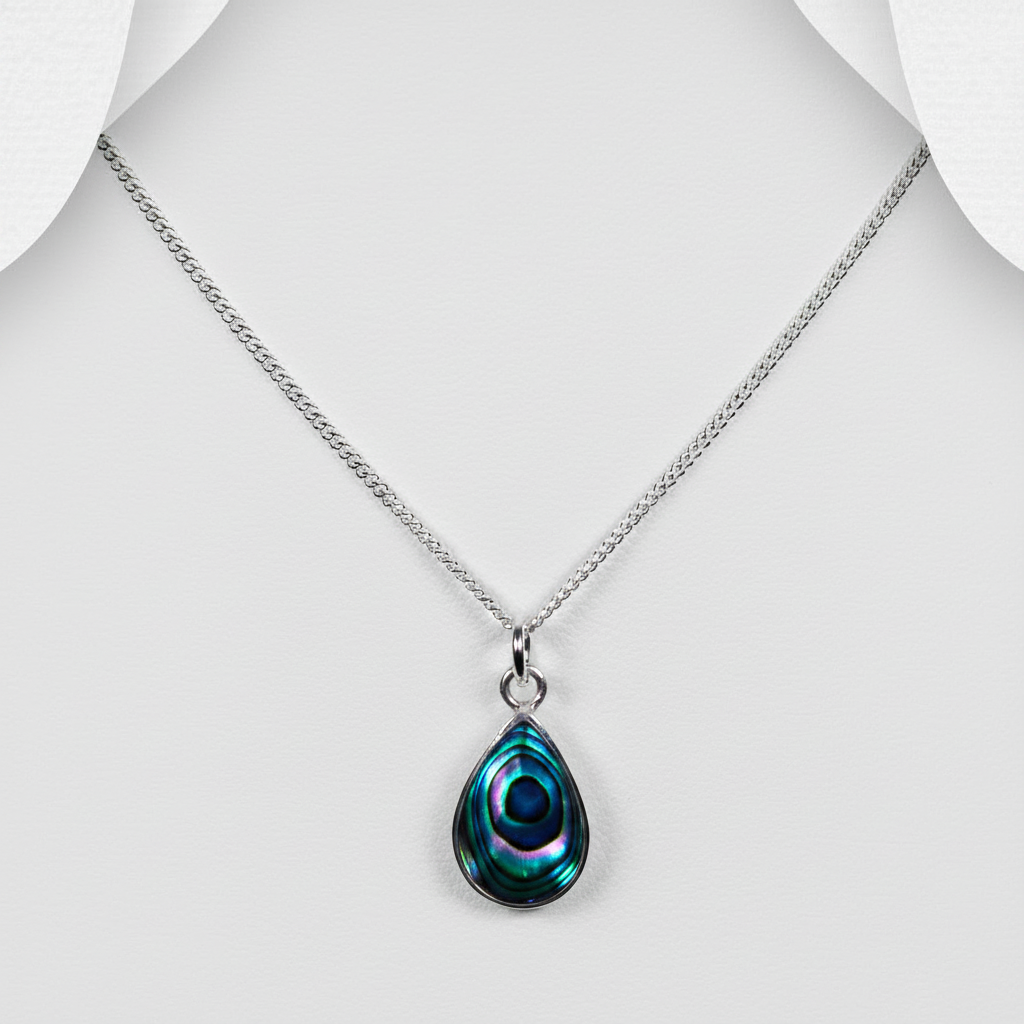 925 Sterling Silver Teardrop Pendant Set with Abalone Shell on signature grey background
