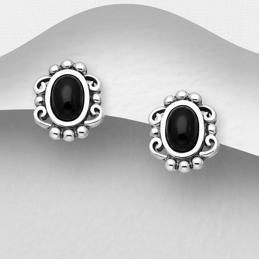 925 Sterling Silver Push-Back Earrings with Black Resin cabochon and ornate scrollwork frame