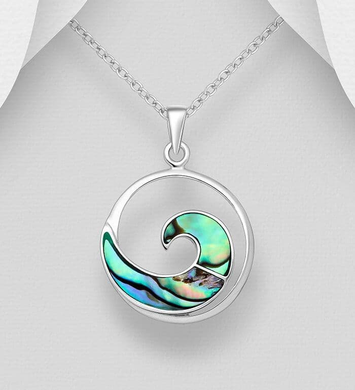 kilfully Hand-Crafted Wave Abalone Shell Pendant & Chain in 925 Sterling Silver