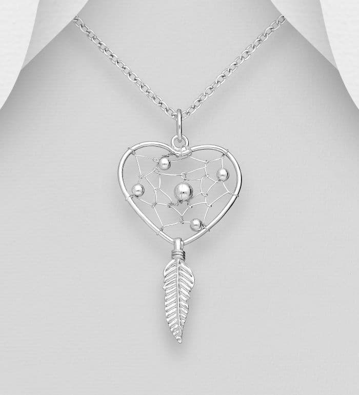 925 Sterling Silver Dream Catcher Pendant & Chain with Feather Adornment