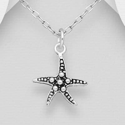 Small Hand Crafted 925 Sterling Silver Oxidized Starfish Pendant & Chain