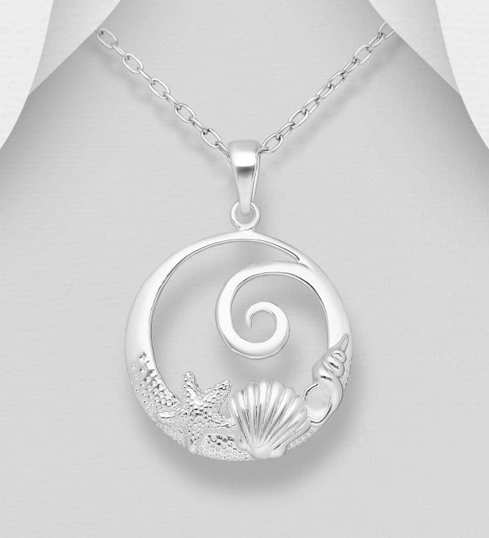 Solid 925 Sterling Silver Shell, Starfish and Wave Pendant & Chain