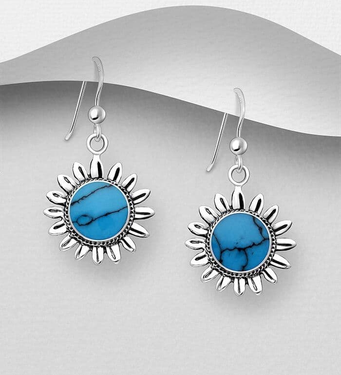 Sunflower Design Sterling Silver Earrings  featuring Blue Resin Detail