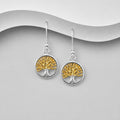 925 Sterling Silver Two Tone Tree of Life Drop/Hook Earrings