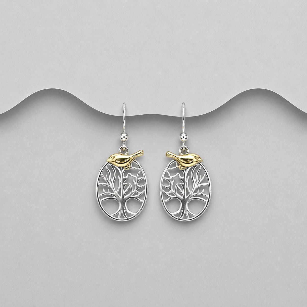 18ct Yellow Gold Bird in a Tree 925 Sterling Silver Drop/Hook Earrings